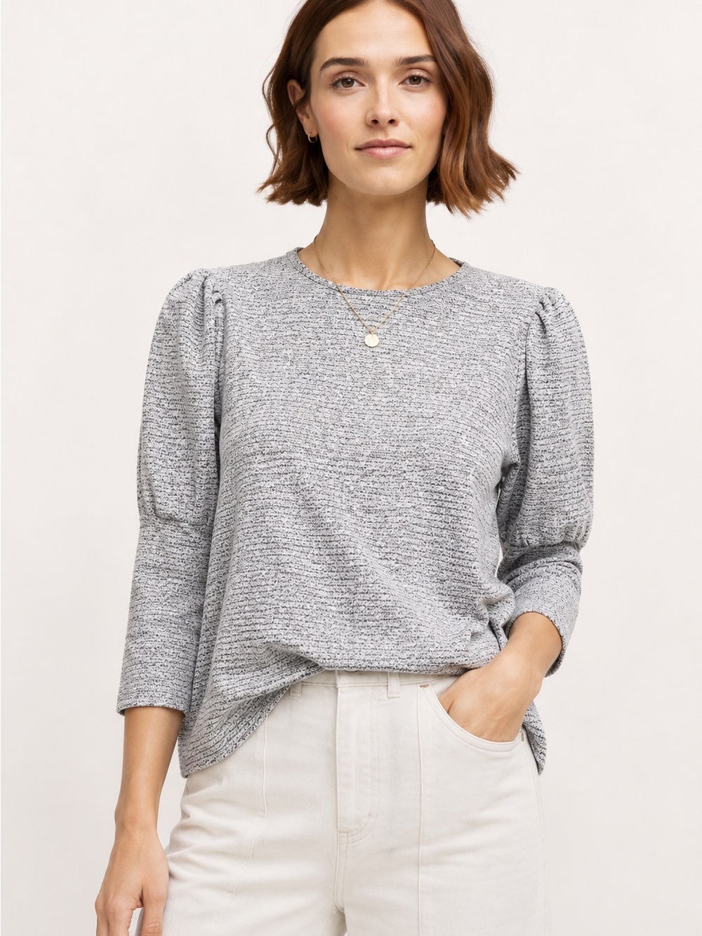 Anthropologie Blue Tassel Gray Puff Sleeved Sweater